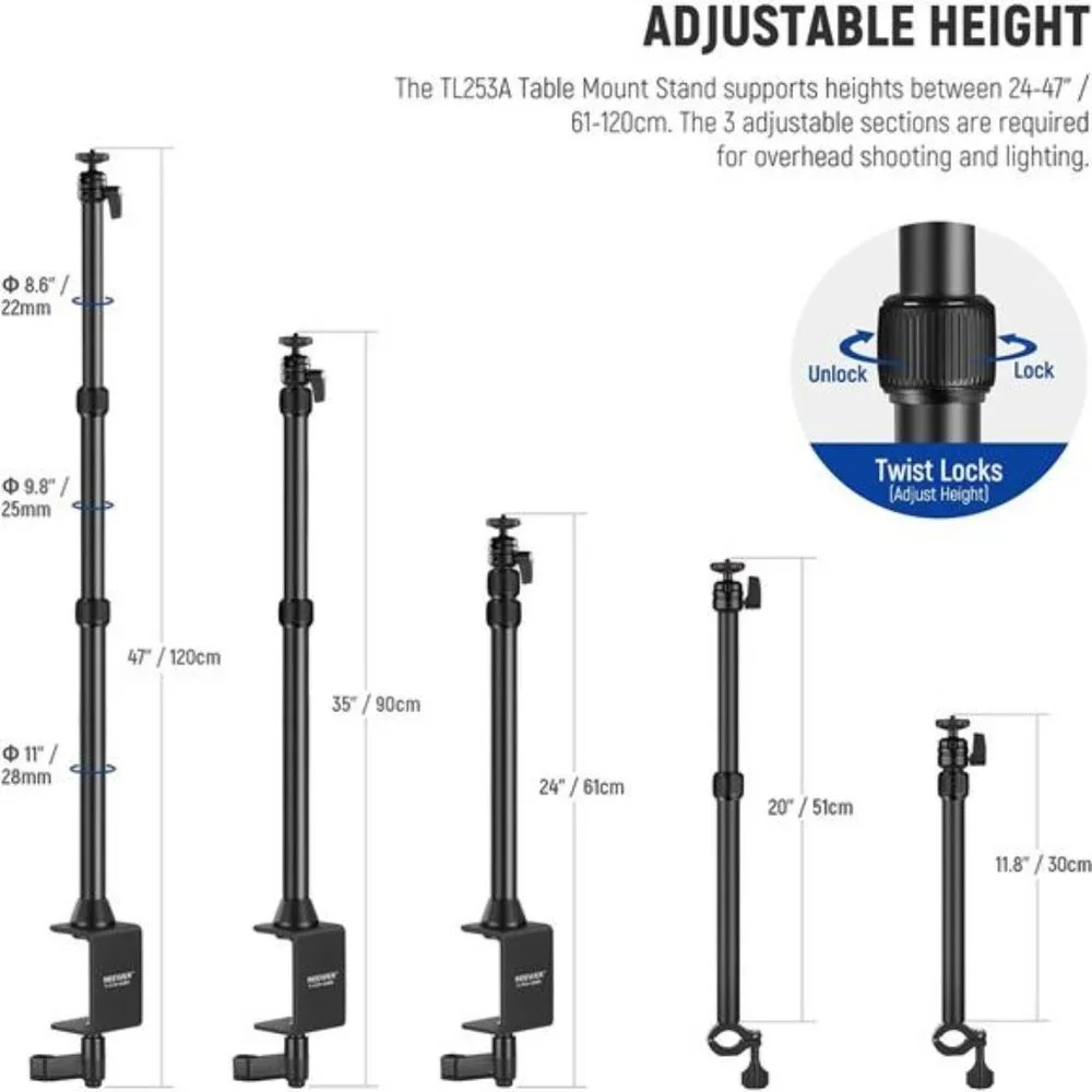 Tabletop Overhead Camera Mount Stand with 2 Section Telescopic Extension Arm